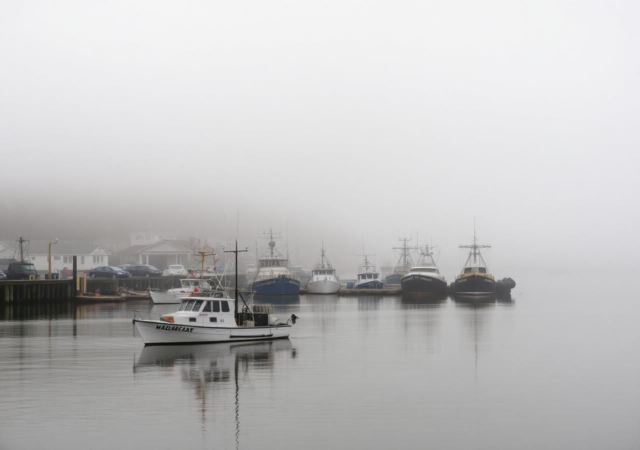 Foggy harbour morning in Crescent City, California