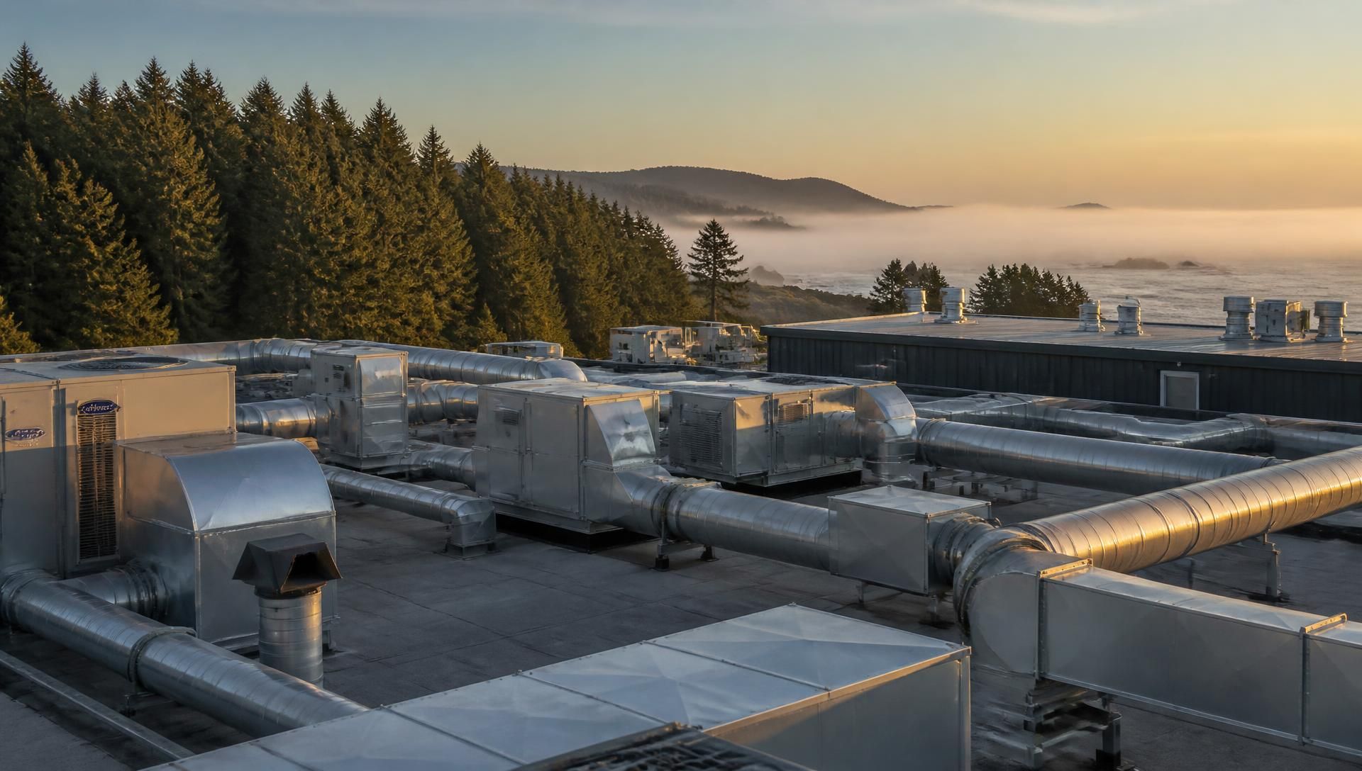 Rooftop ventilation units above a coastal Del Norte County building at sunrise