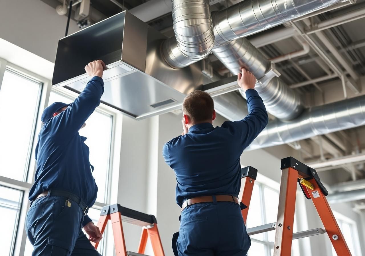 Two Redwood Draft technicians installing spiral duct in a commercial building